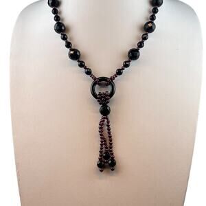RS Garnet Beaded Tassel Sterling Silver Clasp Necklace 20"